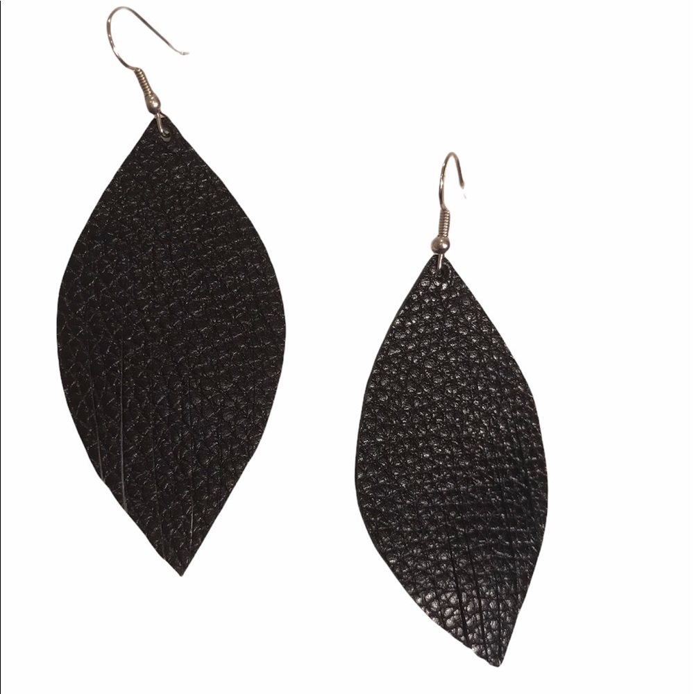 Handmade Black Pebbled Leather Leaf Earrings